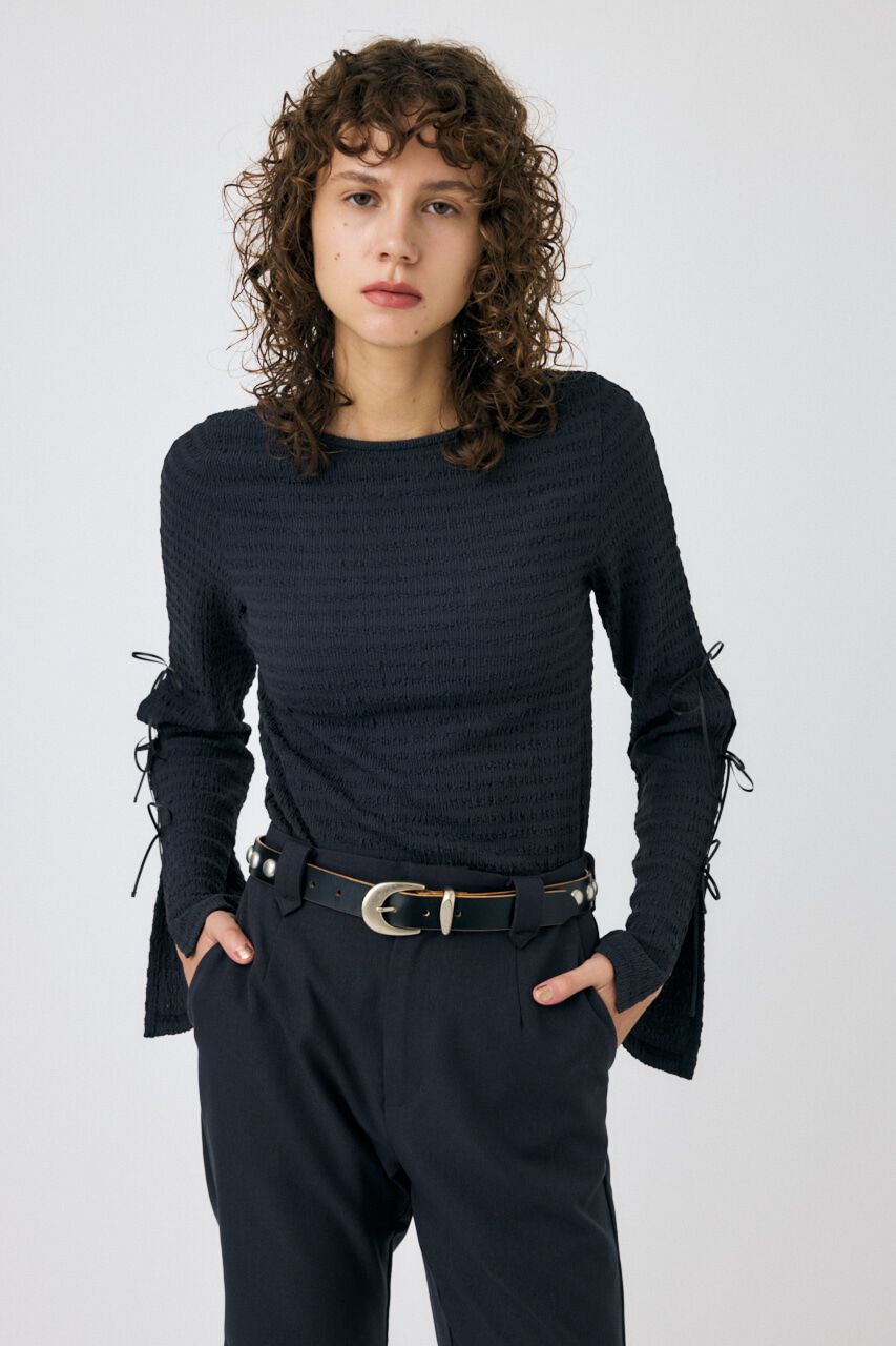 MOUSSY「SLEEVE RIBBON トップス」|Tシャツ・カットソー|L/BLK1