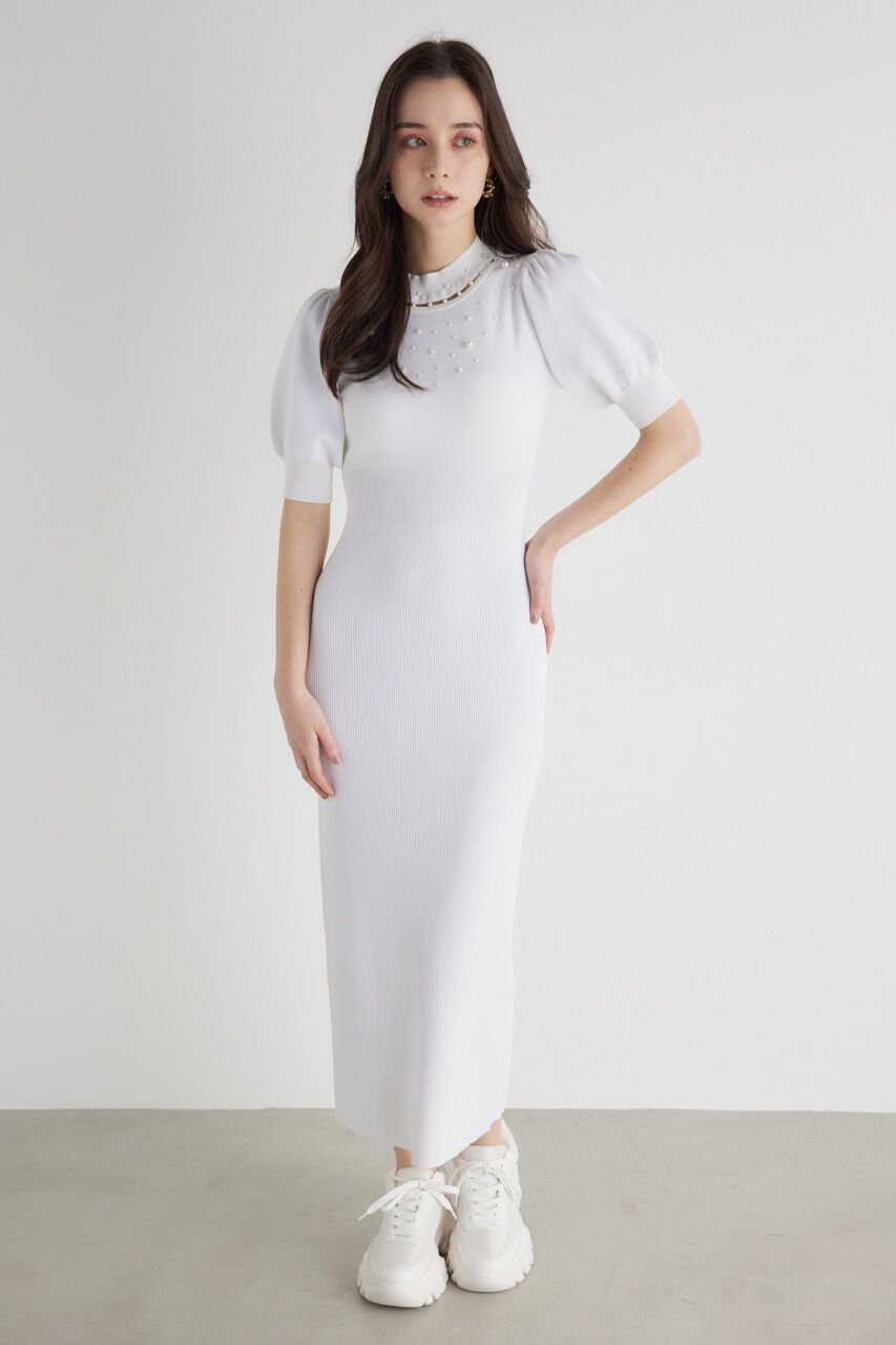 rienda「2WAYネックリボンフェイクパールKnit OP」|ワンピース|