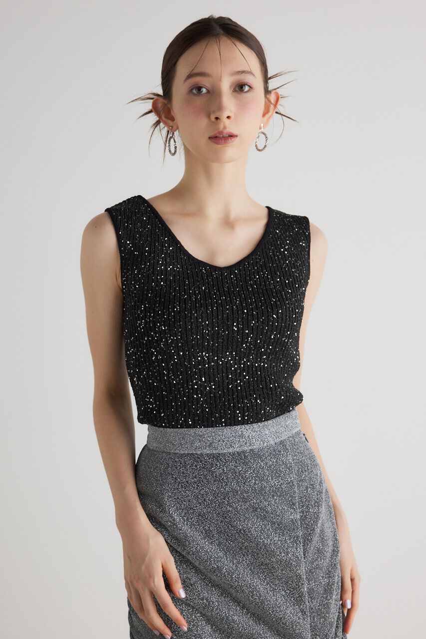 rienda「スパンコールVN Knit TOP」|タンクトップ|BLK