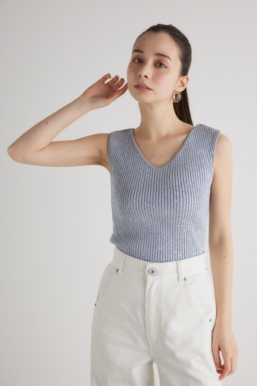 rienda「スパンコールVN Knit TOP」|タンクトップ|BLU