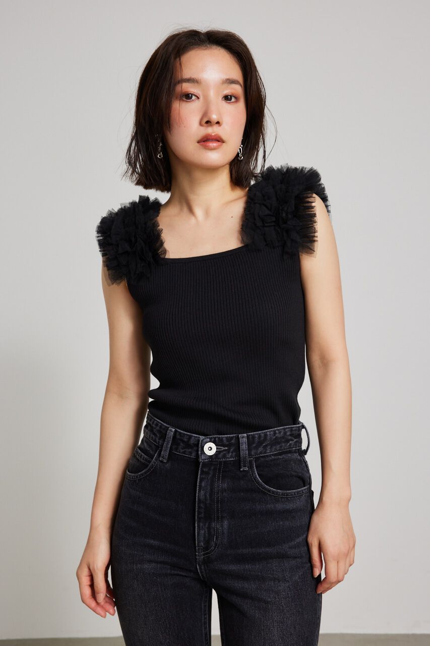rienda「ショルダーチュールコンビKnit TOP」|タンクトップ|