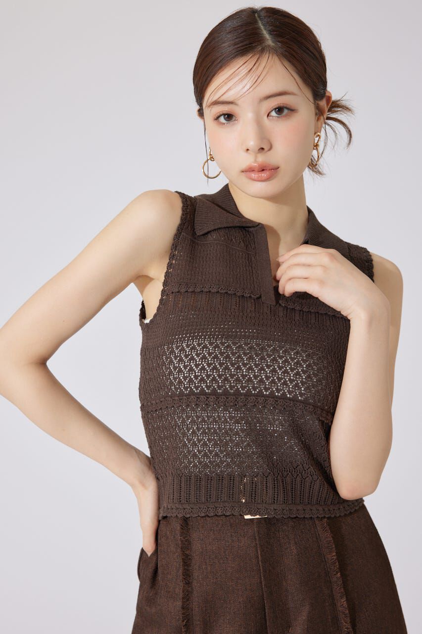 rienda「スキッパークロシェニットトップス」|シャツ・ブラウス|BRN