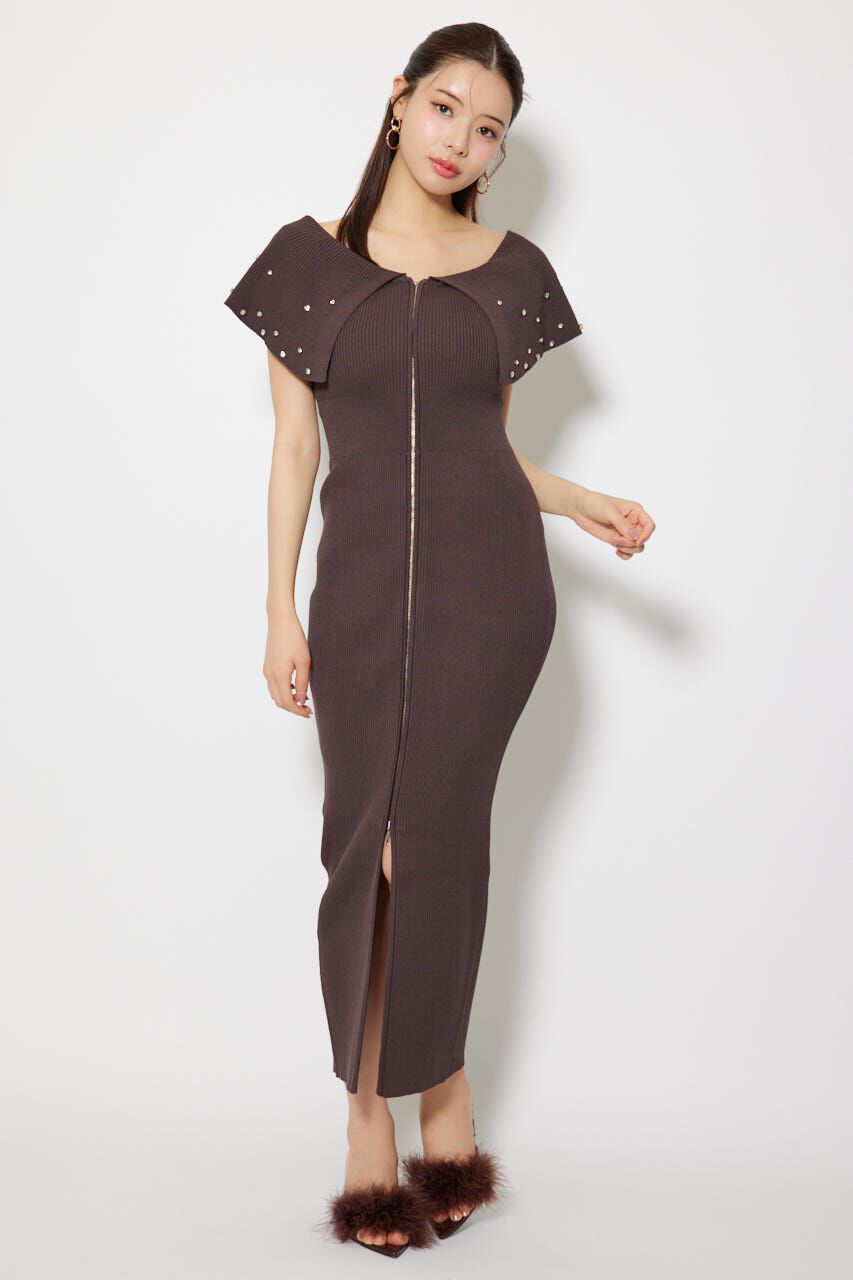 rienda「2WAYオフショルビジューカラーハーフスリーブニットワンピース」|ワンピース|