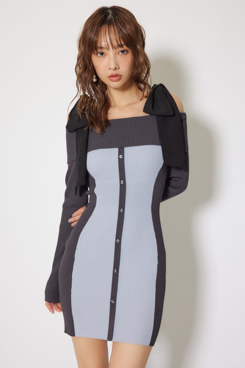 rienda「バイカラーオフショルリボンニットミニワンピース」|ワンピース|BLU