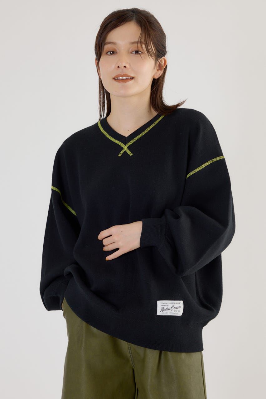 RODEO CROWNS「スウェットライク Vネックトップス」|ニット・セーター|BLK