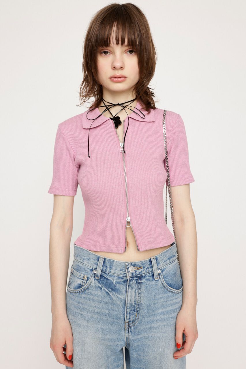SLY「FRONT ZIP CUT RIB トップス」|Tシャツ・カットソー|M/PNK7