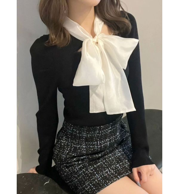 MERCURYDUO「異素材リボンカットアウトニット」|ニット・セーター|