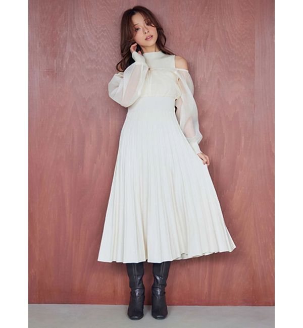 MERCURYDUO「異素材ドッキングプリーツフレアニットワピース」|ワンピース|アイボリー