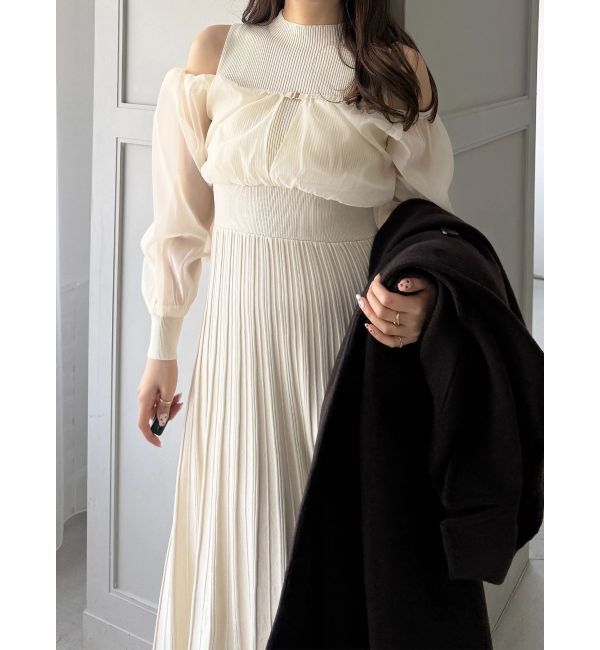 MERCURYDUO「異素材ドッキングプリーツフレアニットワピース」|ワンピース|