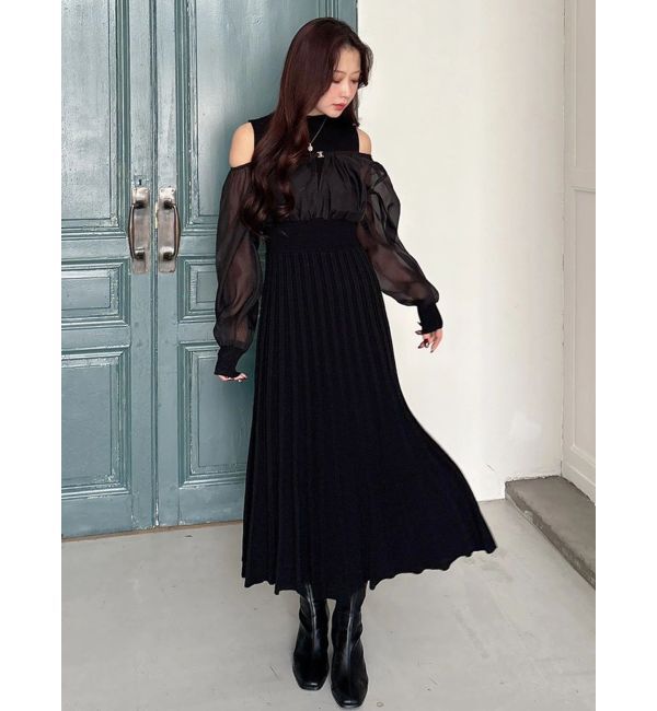 MERCURYDUO「異素材ドッキングプリーツフレアニットワピース」|ワンピース|