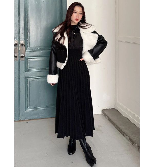 MERCURYDUO「異素材ドッキングプリーツフレアニットワピース」|ワンピース|