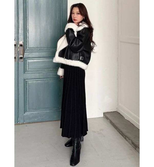 MERCURYDUO「異素材ドッキングプリーツフレアニットワピース」|ワンピース|