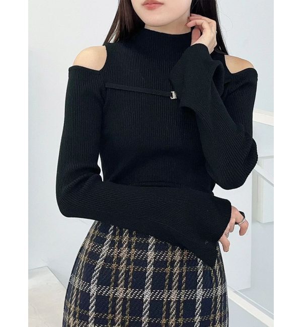 MERCURYDUO「ショルダースリットナローストラップニット」|ニット・セーター|ブラック