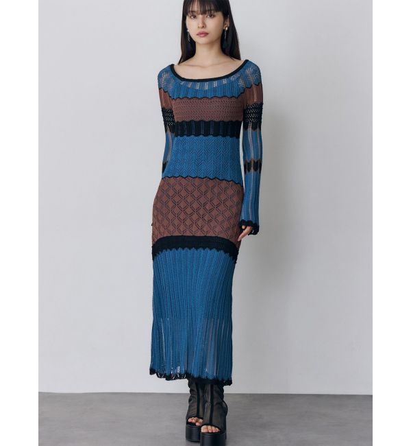 MURUA「バイカラークロシェニットワンピース」|ワンピース|ブルー