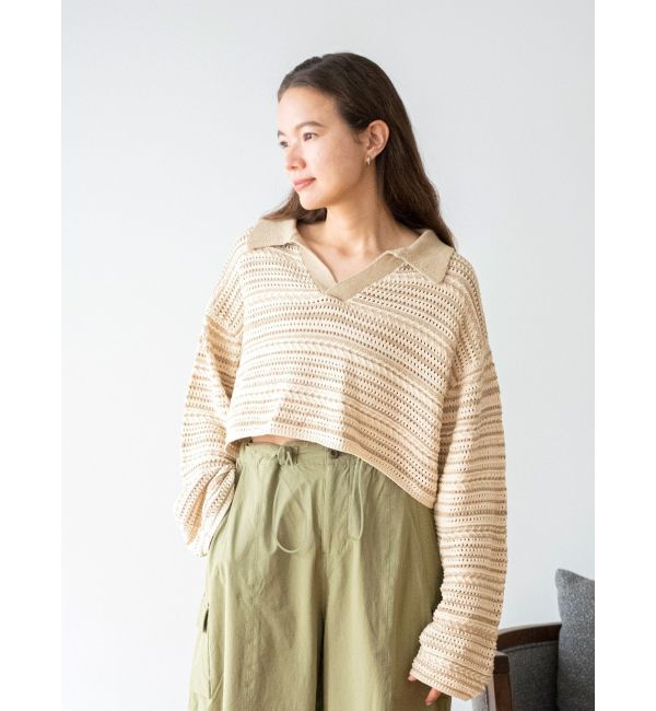 Ungrid「襟ショートボーダーニット」|ニット・セーター|ベージュ