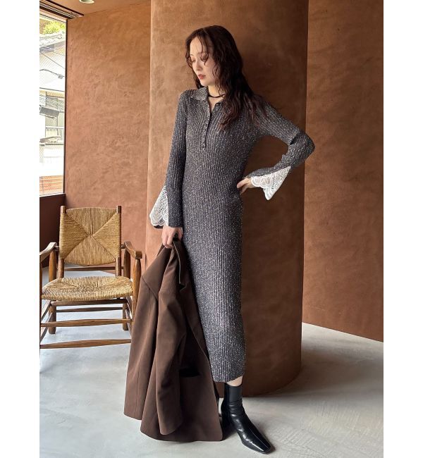 LAGUNAMOON「【WEB限定カラーあり】レーススリーブネップリブニットワンピース」|ワンピース|