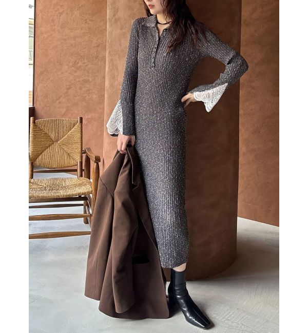 LAGUNAMOON「【WEB限定カラーあり】レーススリーブネップリブニットワンピース」|ワンピース|