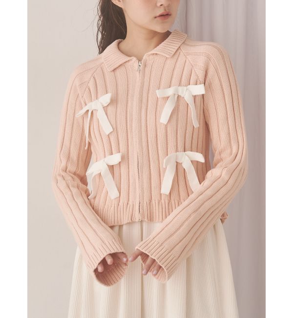 merry jenny「ribbon washed zip kinit」|カーディガン|ピンク