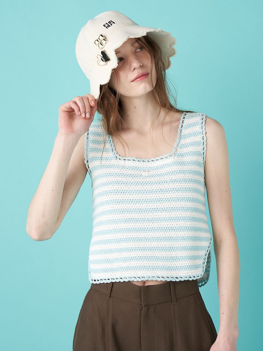 FURFUR「リボン刺繍ノースリーブボーダーニットトップス」|ニット・セーター|