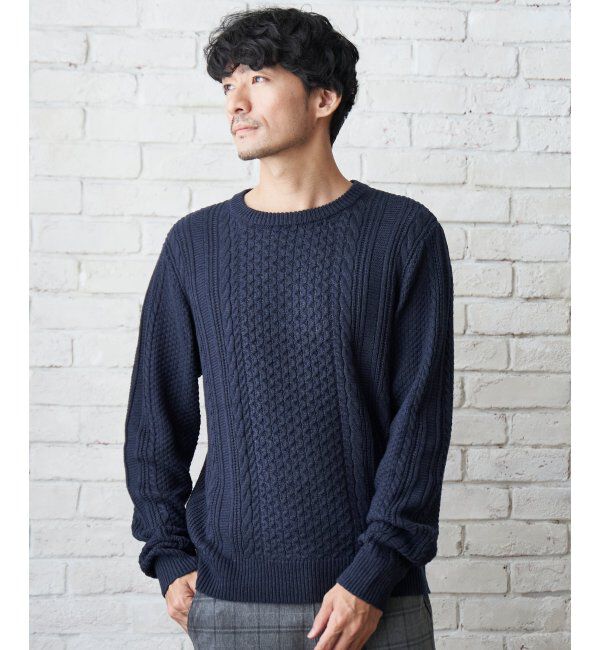 ikka「抗菌アランケーブルリサイクルニット」|プルオーバー|ネイビー