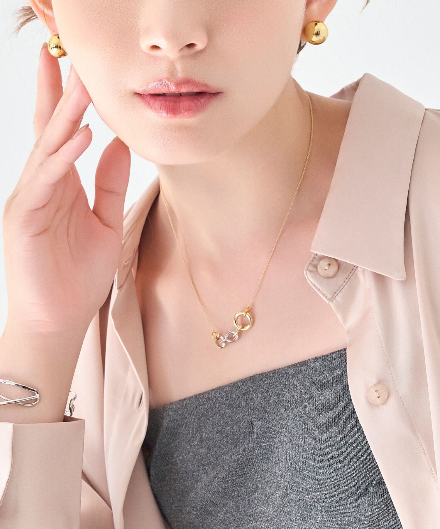  「【金属アレルギー対応】ミックスループメタルネックレス　ゴールド」|ネックレス|