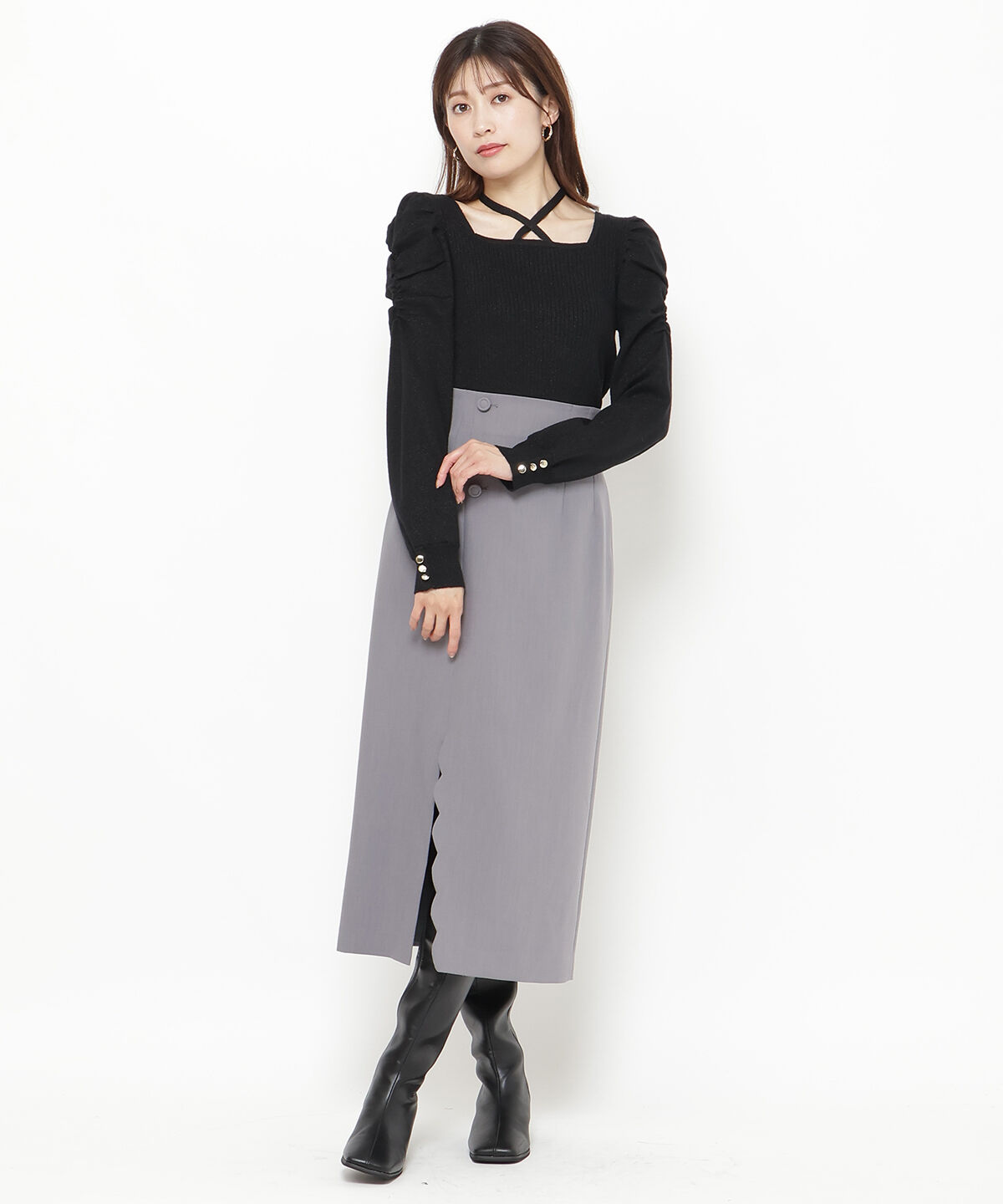 アンドクチュール「スカラップスリットタイトスカート」|タイト|