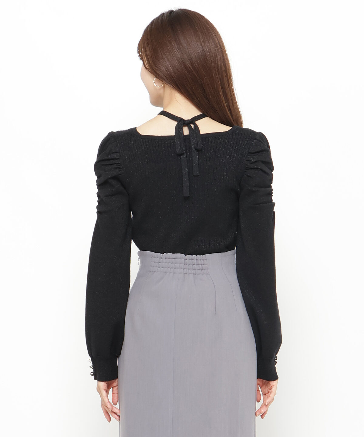 アンドクチュール「スクエアネック袖ギャザーラメプルオーバー」|ニット・セーター|