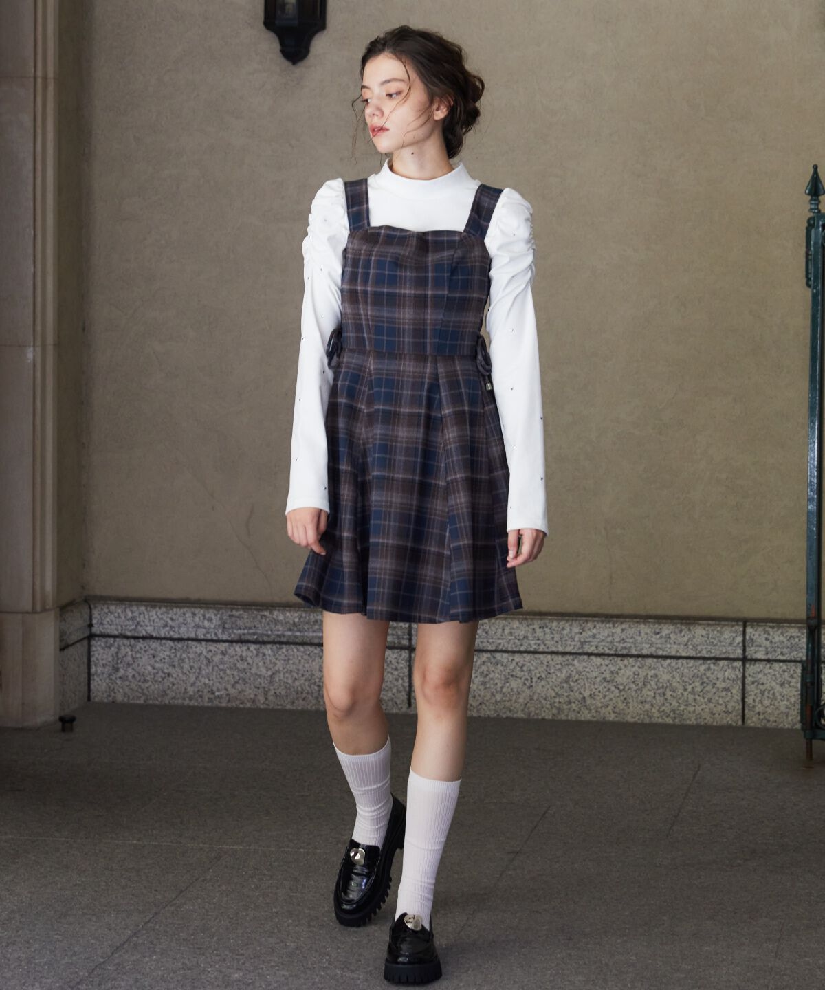 REDYAZEL「チェックサイドダブルリボンワンピース」|ワンピース|ネイビー