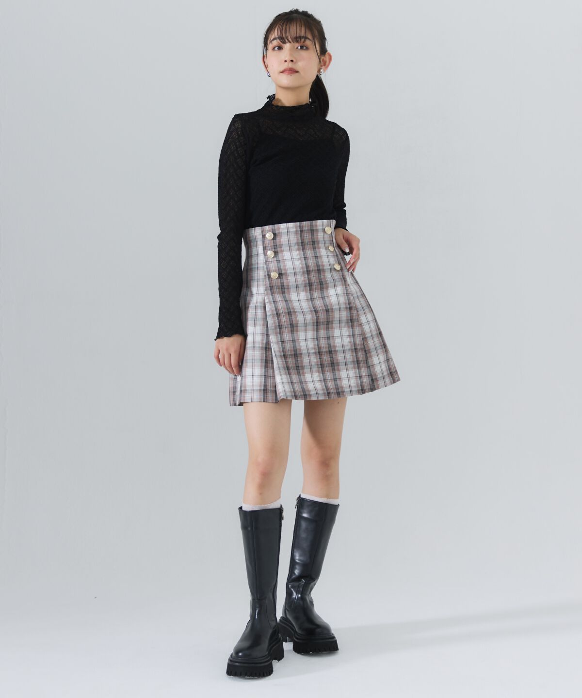 REDYAZEL「ダブルボタンチェックミニスカート」|フレア|
