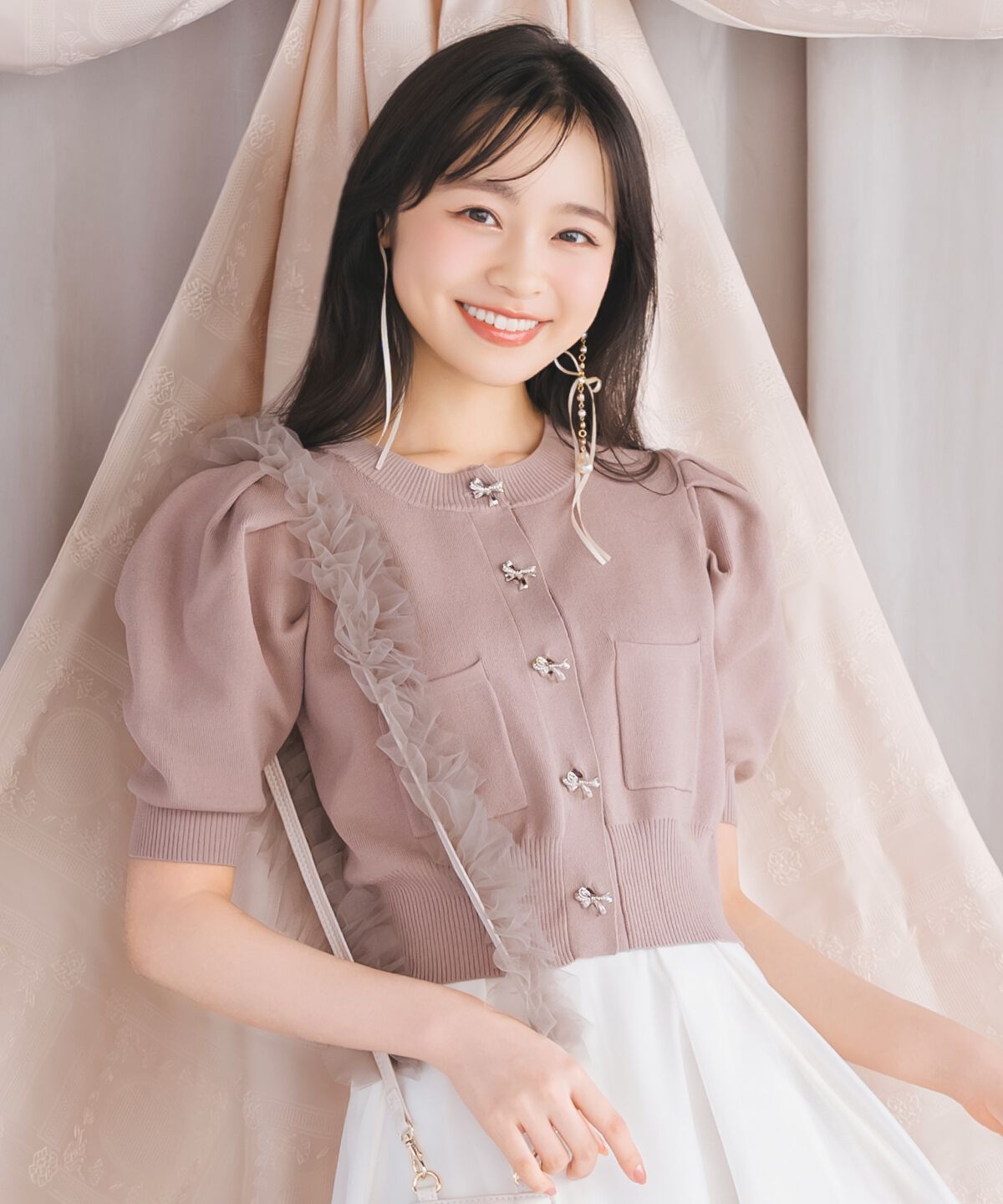 WILLSELECTION「ビジューリボンタックスリーブカーディガン」|カーディガン|