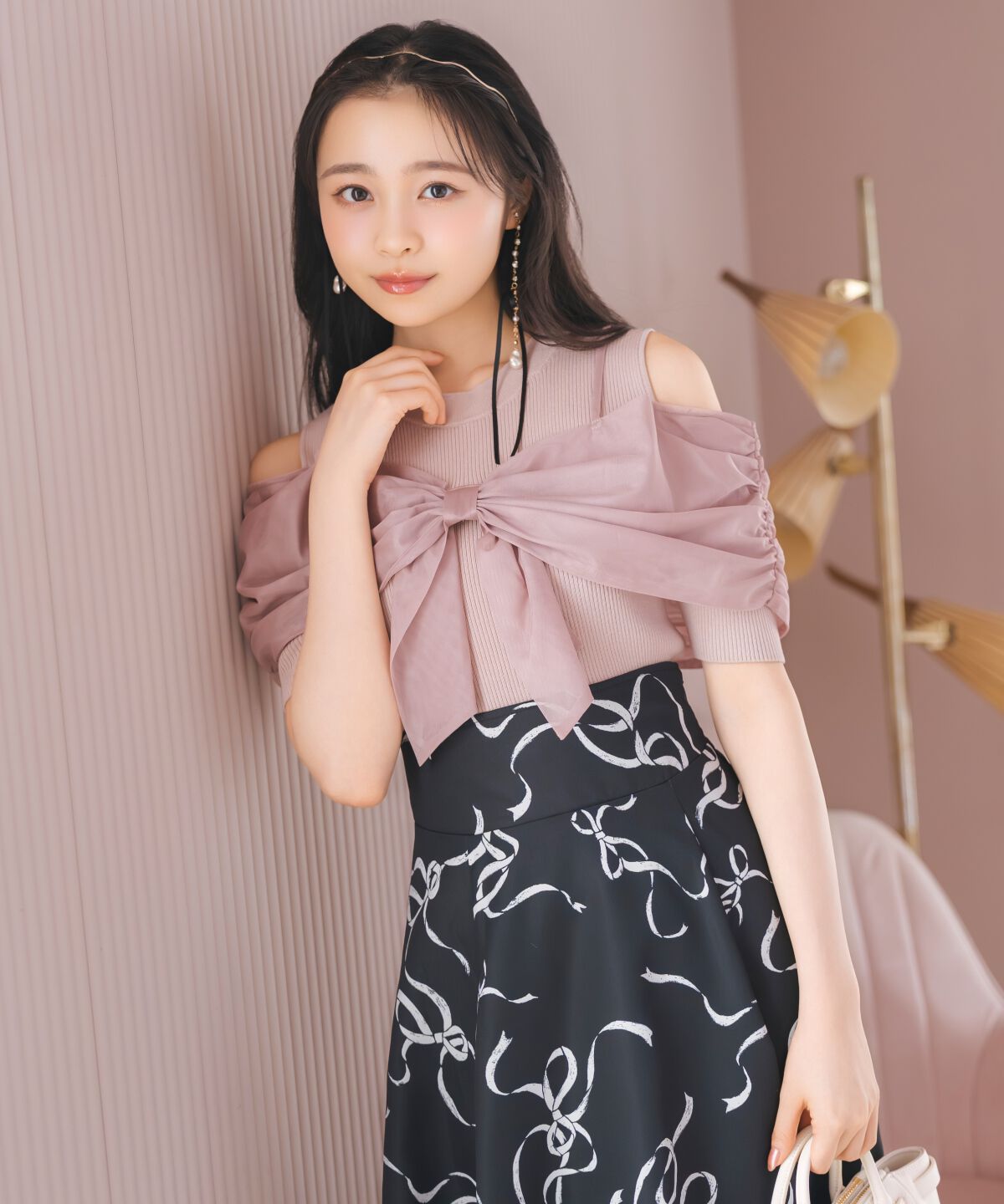 WILLSELECTION「チュールオフショルリブニット」|ニット・セーター|ピンク