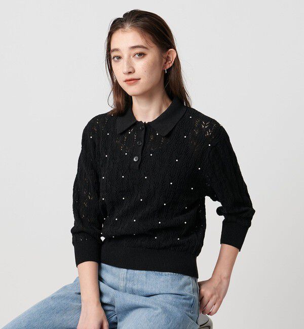 UNITED ARROWS「フェイクパール レース プルオーバー ニット ウォッシャブル」|ニット・セーター|