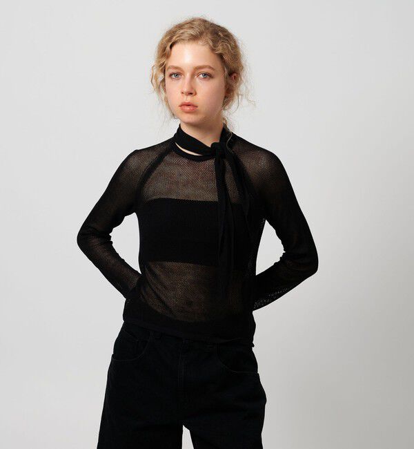 ATTISESSION「＜ATTISESSION＞メッシュ タイ ニット トップス」|ニット・セーター|BLACK