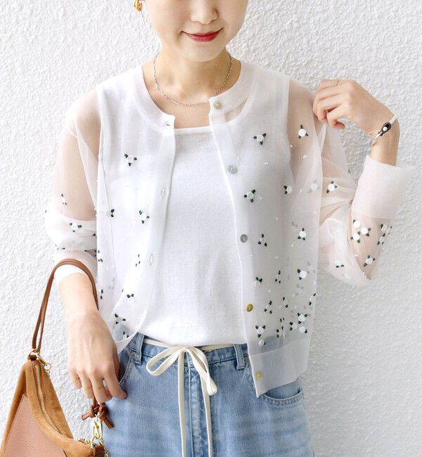 SHIPS for women「〈手洗い可能〉フラワー 刺繍 2WAY カーディガン」|カーディガン|ホワイト