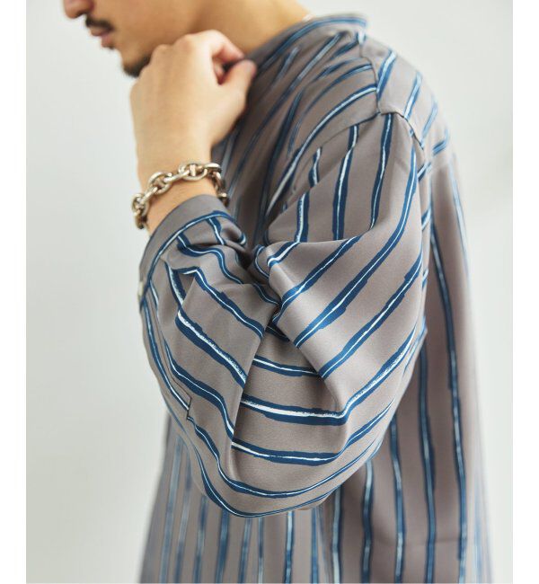 EDIFICE「ストライプ ドレーピー 8分袖 バンドカラープルオーバーシャツ」|シャツ・ブラウス|
