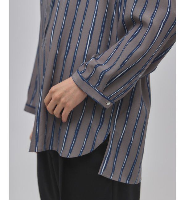 EDIFICE「ストライプ ドレーピー 8分袖 バンドカラープルオーバーシャツ」|シャツ・ブラウス|