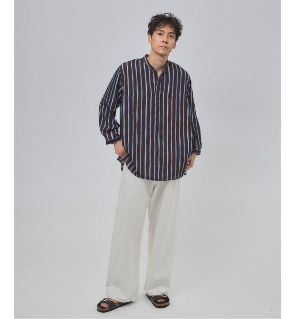 EDIFICE「ストライプ ドレーピー 8分袖 バンドカラープルオーバーシャツ」|シャツ・ブラウス|