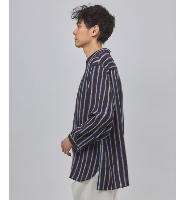 EDIFICE「ストライプ ドレーピー 8分袖 バンドカラープルオーバーシャツ」|シャツ・ブラウス|