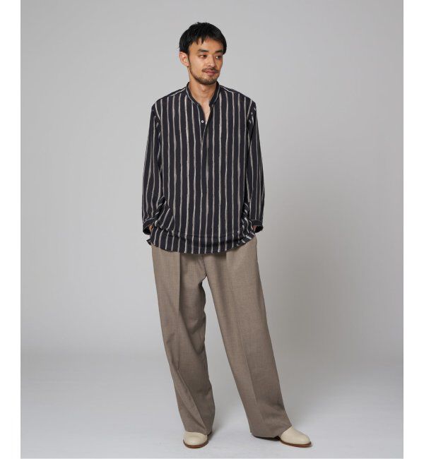 EDIFICE「ストライプ ドレーピー 8分袖 バンドカラープルオーバーシャツ」|シャツ・ブラウス|