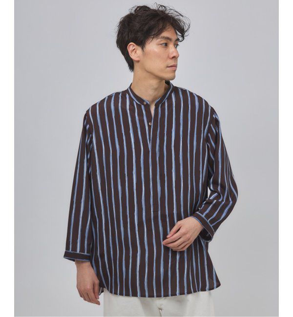 EDIFICE「ストライプ ドレーピー 8分袖 バンドカラープルオーバーシャツ」|シャツ・ブラウス|