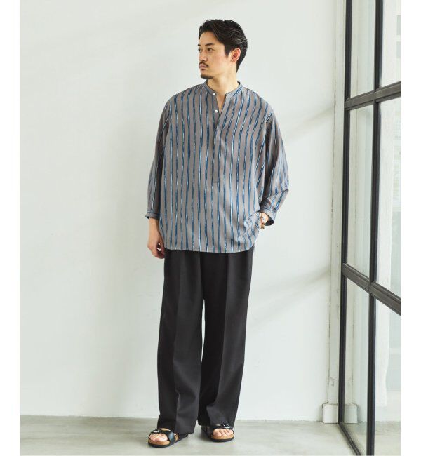 EDIFICE「ストライプ ドレーピー 8分袖 バンドカラープルオーバーシャツ」|シャツ・ブラウス|