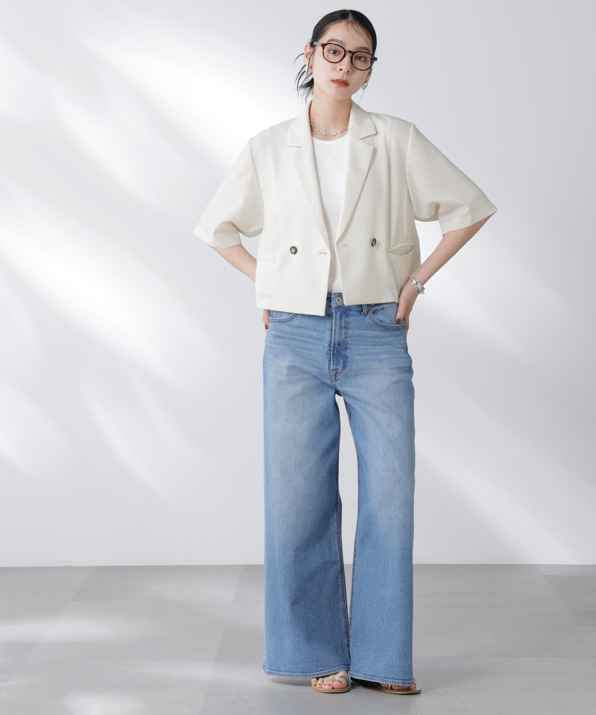 nano･universe「メランジドライ 半袖ショートダブルジャケット(セットアップ可)」|テーラードジャケット|