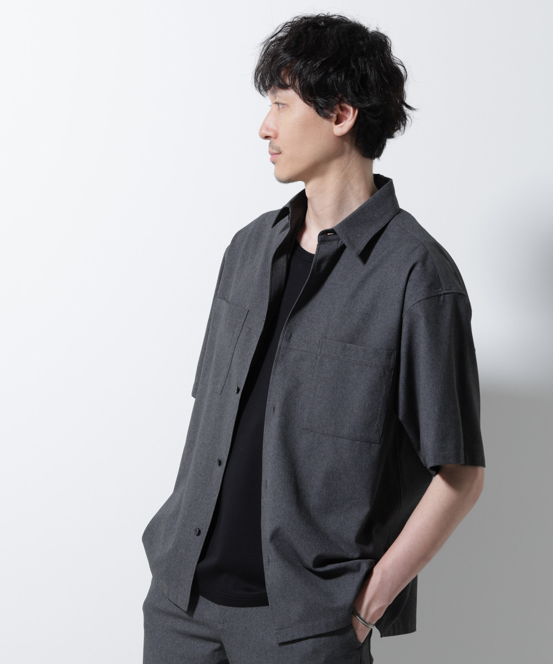 nano･universe「DotAir(R)ミニホールストレッチシャツ半袖/吸水速乾(セットアップ可)」|シャツ・ブラウス|D.グレー2