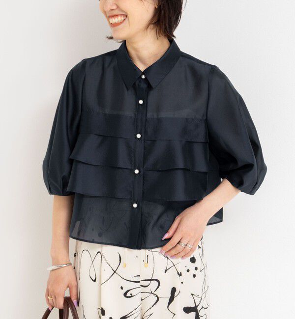 NOLLEY'S「シアーシルキーパール釦フリルブラウス」|シャツ・ブラウス|