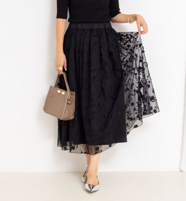 NOLLEY'S「ウォッシャブルチュール刺繍リバーシブルギャザースカート」|フレア|ブラック