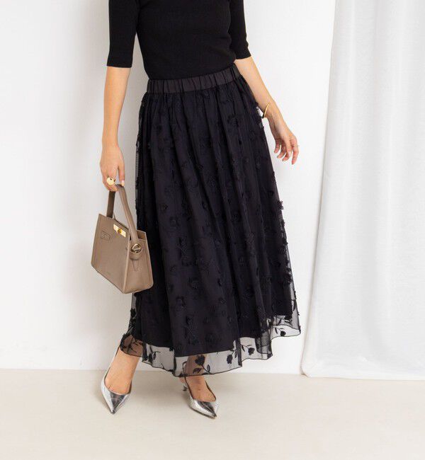 NOLLEY'S「ウォッシャブルチュール刺繍リバーシブルギャザースカート」|フレア|