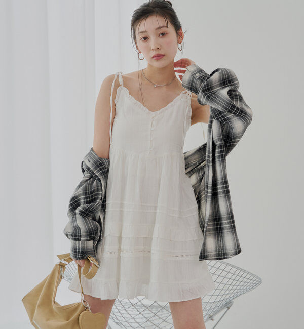  「【WEB限定追加】肩リボンコットンレースフリルキャミミニワンピ」|ワンピース|