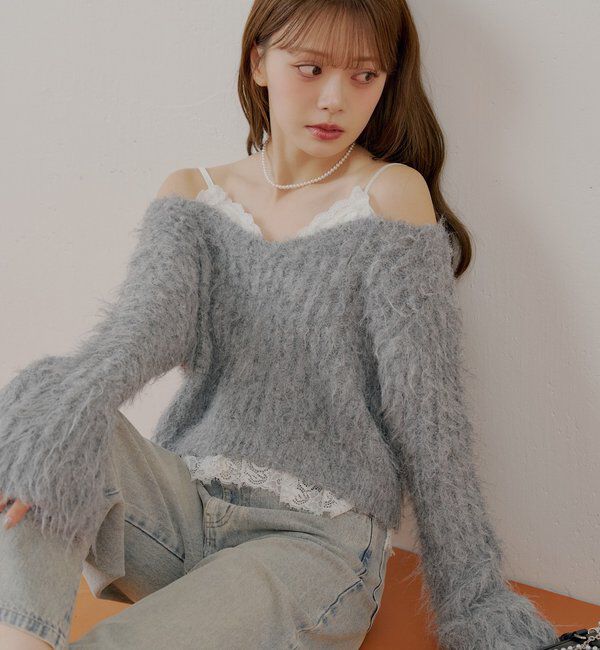  「レースドッキングシャギーニット」|ニット・セーター|グレー