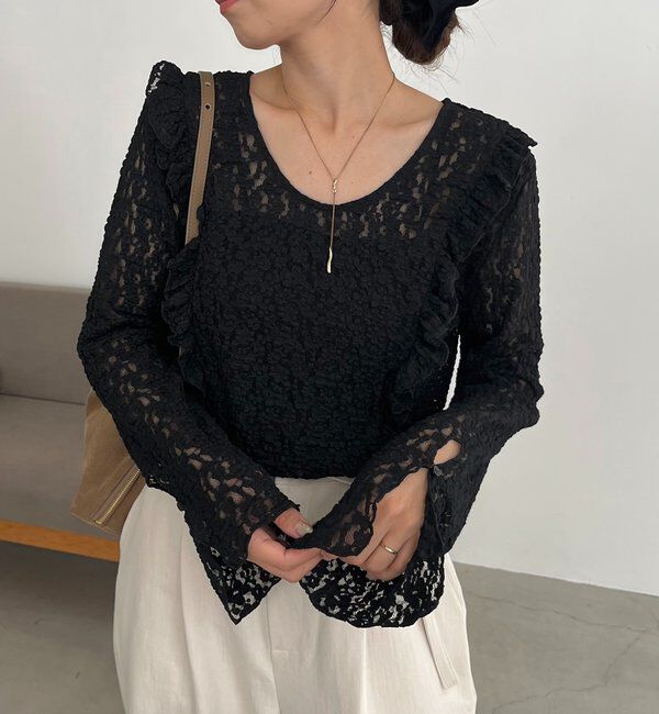  「【前後2WAY/オケージョンにも◎】レースUネックトップス」|Tシャツ・カットソー|ブラック
