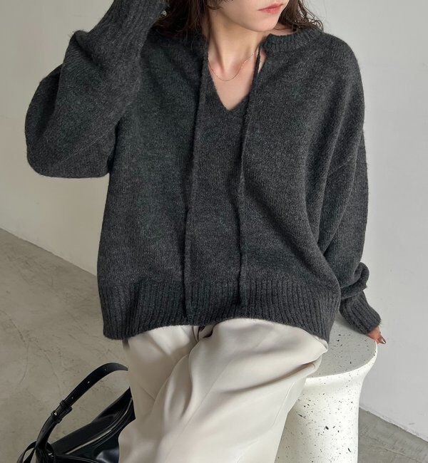  「【前後2WAY】もちふわ2WAYスキッパーニット」|ニット・セーター|チャコールグレー